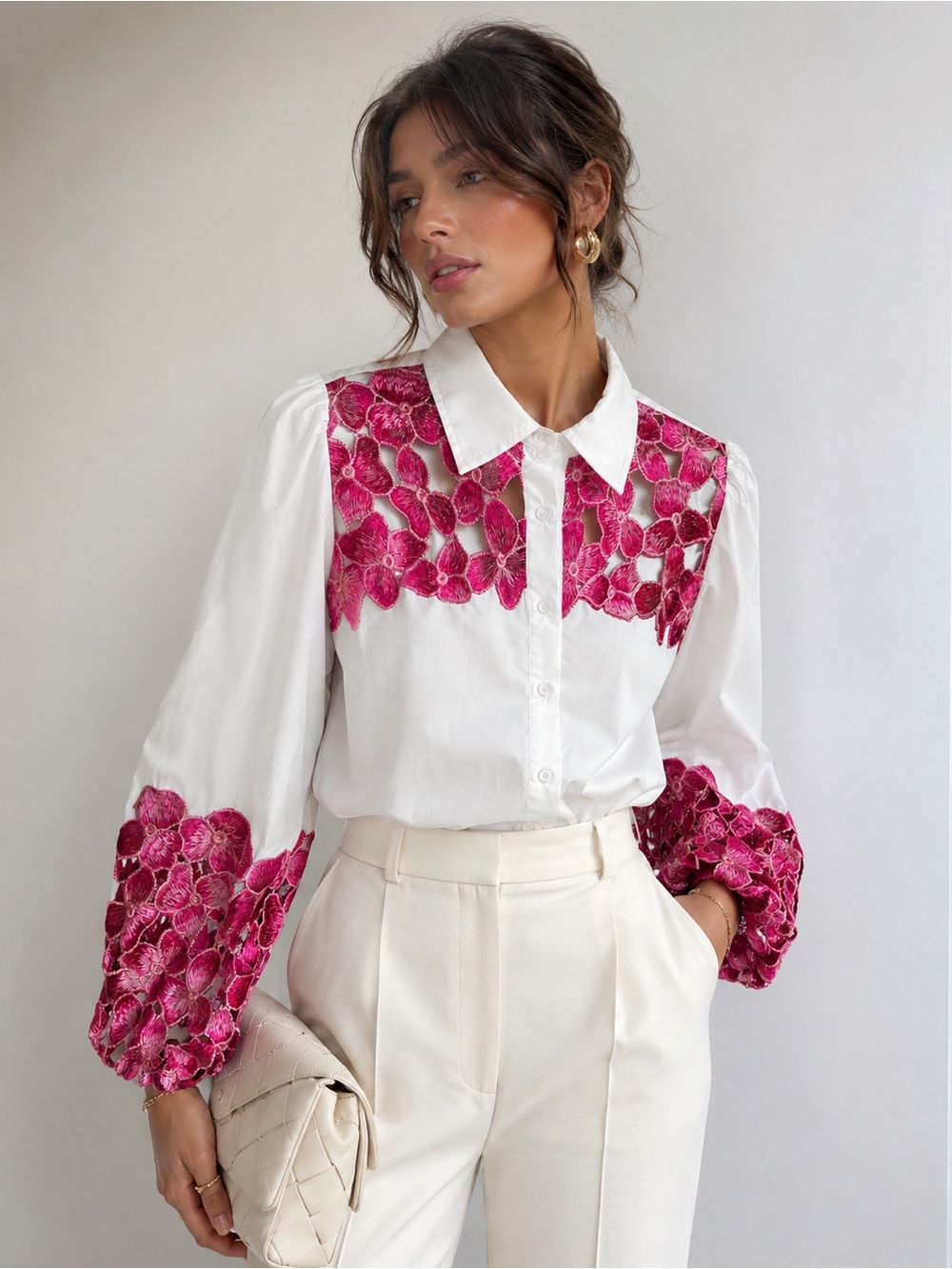 Boston Proper Floral Embroidered Button-Down Blouse | Size Small
